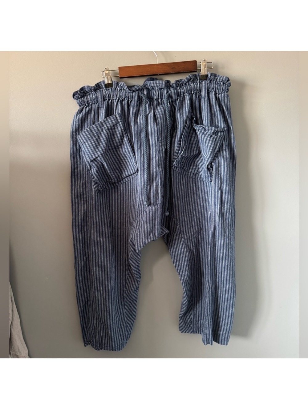 Free People Navy Pinstripe Drop-Crotch Wide Leg Pants - Picture 4 of 11